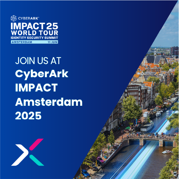 Join us at CyberArk IMPACT Amsterdam 2025 with CyberArk World Tour Amsterdam logo in the top left corner, Xalient favicon logo in the bottom left and photo of Amsterdam on the right with a streak of blue light going through the river.