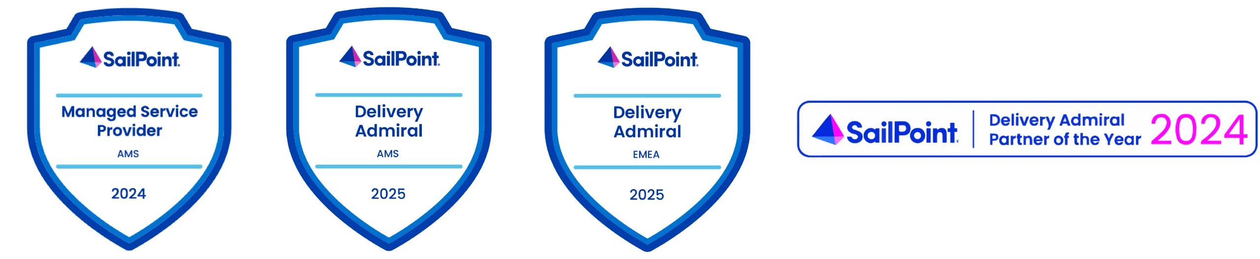 SailPoint Badges Accreditations group icons Partners page: SailPoint Managed Service Provider Americas 2024 SailPoint Delivery Admiral Americas 2025 SailPoint Delivery Admiral EMEA 2025 SailPoint Delivery Admiral Partner of the Year 2024
