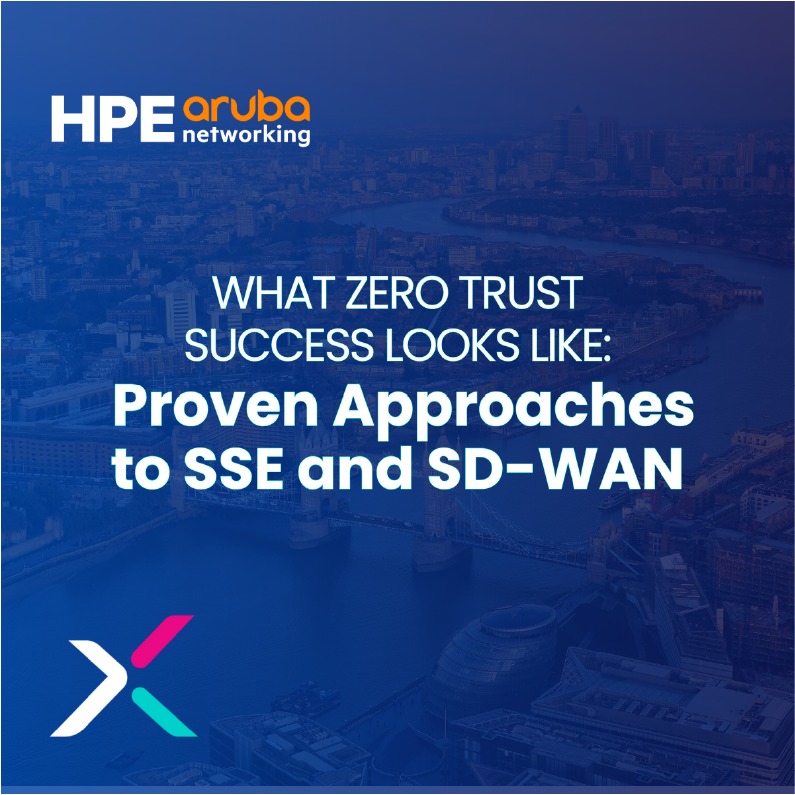 HPE Aruba London Partner event featured image. Reads "What Success Looks Like: Proven Approaches to SSE and SD-WAN" with aerial view of London in the background, Xalient favicon and HPE Aruba Networking logo