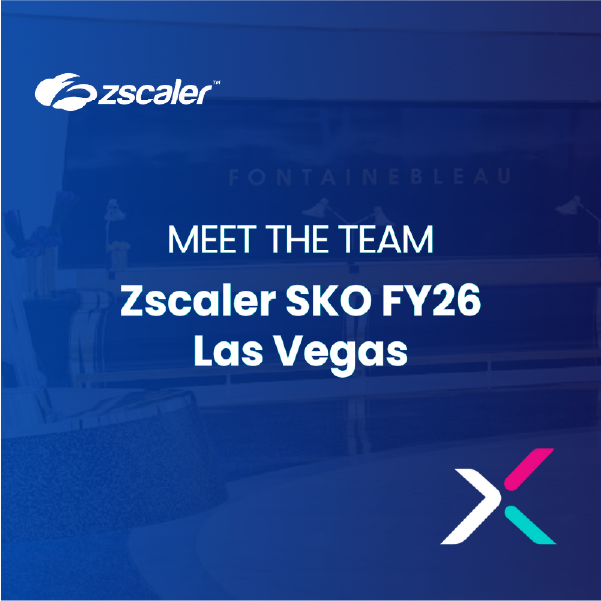 Zscaler SKO FY26 Las Vegas "meet the team Zscaler SKO FY26 Las Vegas" with Zscaler and Xalient logos. Background shows the foyer of Fontainebleau Hotel in Las Vegas