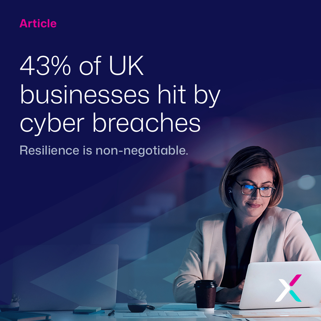 A Xalient-themed graphic with text stating “43% of UK businesses hit by cyber breaches” and “Resilience is non-negotiable.” The image includes a person sitting at a desk with a laptop displaying a colorful X logo, a coffee cup, and a modern office background with gradient blue and purple tones.